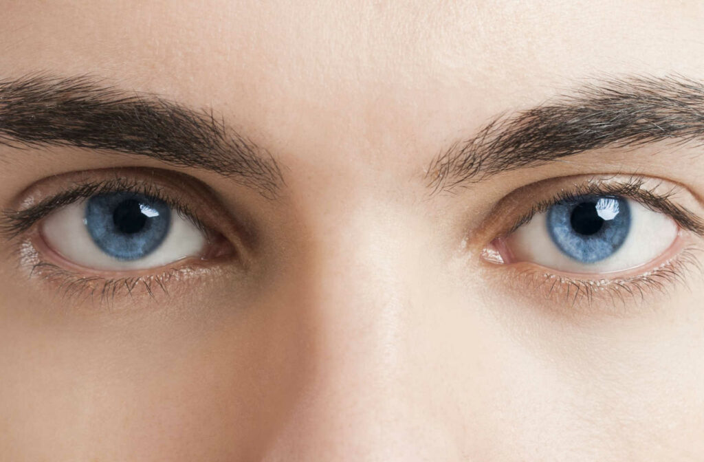 A close-up blue eyes of a man.