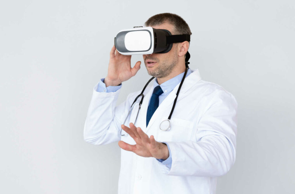 An optometrist wearing a VR headset for vision therapy.