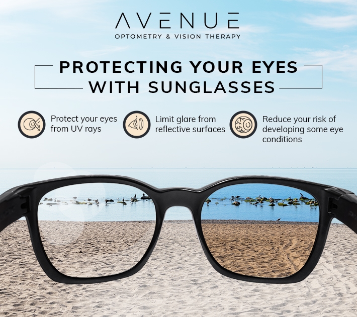 Custom Avenue Optometry & Vision Therapy image showing a pair of sunglasses looking at a beach with ducks in the water, comparing a basic lens to a lens with coatings that reduce glare and improve colour.
