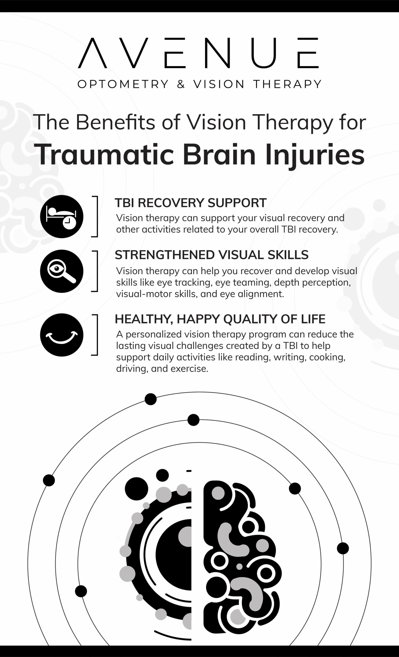Avenue Optometry infographic covering the benefits of vision therapy for traumatic brain injury.