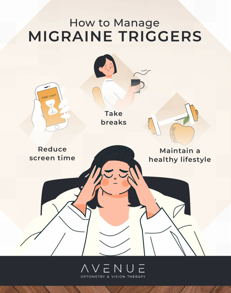 Infographic showing three tips for managing migraine triggers. Reduce screen time, take breaks, and maintain a healthy lifestyle.